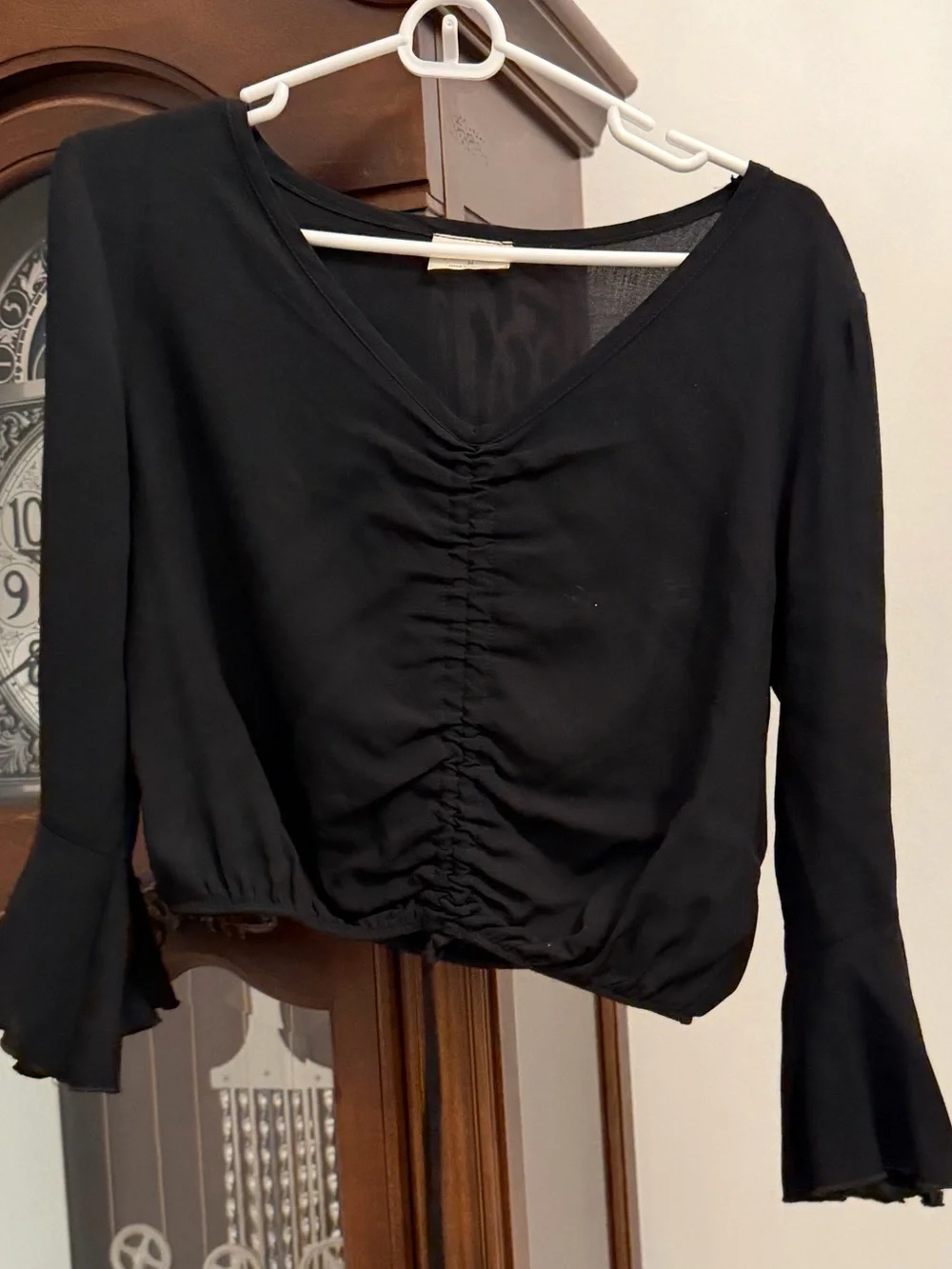 Free Kisses Black Ruched V-Neck Crop Top with Bell Sleeves - Picture 1 of 2